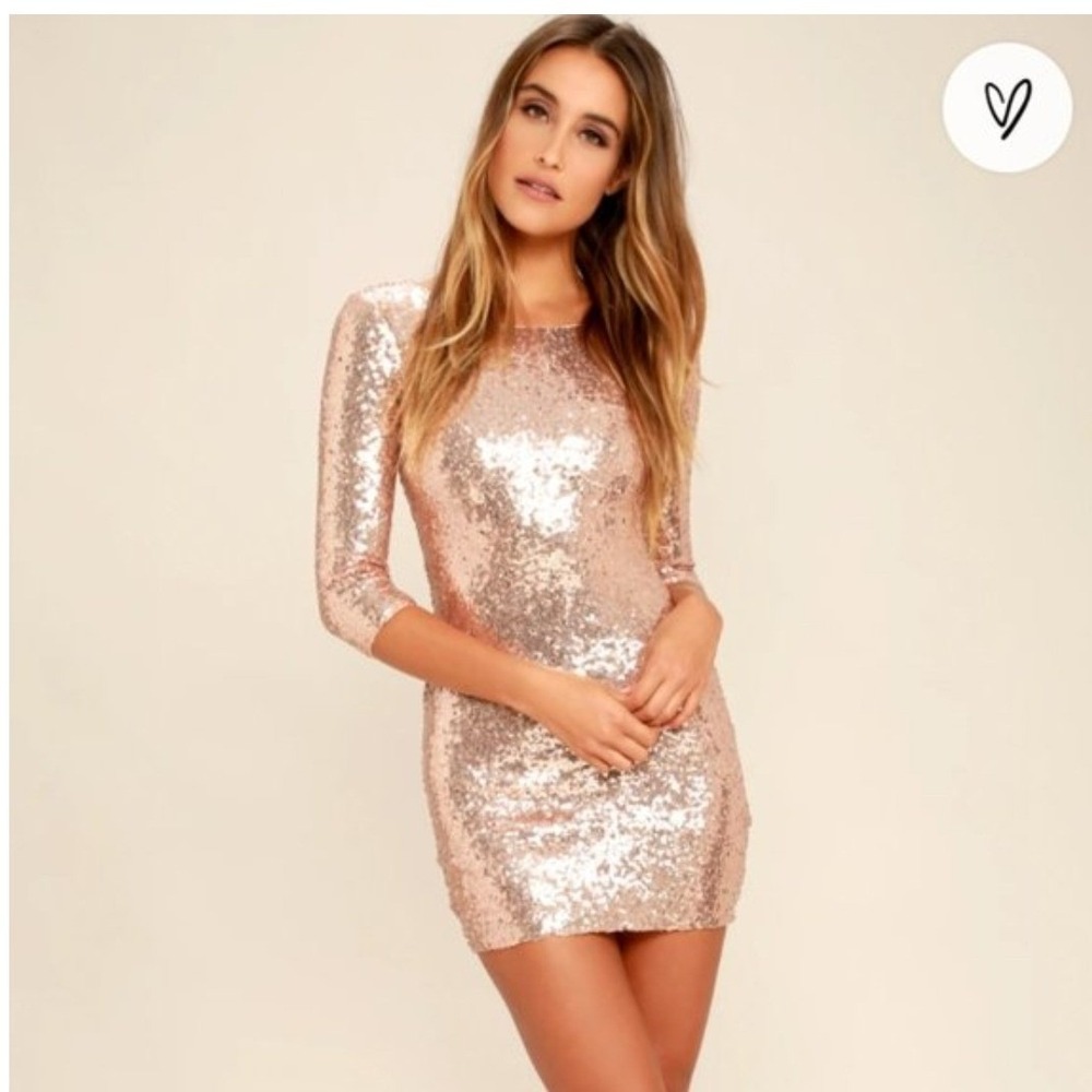 Lulus Sequin Mini Dress Size L‎ Rose Gold NEW 3/4 Sleeve Scoop Neck Glam Sparkle